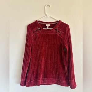 Knox Rose Velour Lace Up Shoulder Sweater Maroon Size Small